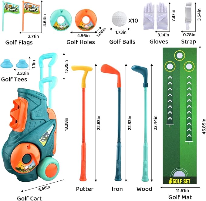 Toddler Golf Set with Putting Mat, Upgraded Kids Golf Cart with Shoulder Strap, Toddler Glove, Plastic Clubs, 10 Balls, Indoor Outdoor Sports Toys Birthday Gift for Boys Girls Aged 3 4 5+ Years Old