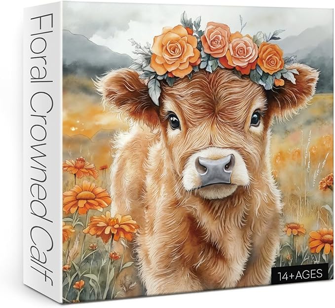 Funny Highland Cow Flower Puzzles for Adults 1000 Pieces, Beautiful Alpine Cattle Animal Painting Jigsaw Puzzle, Difficult Impossible Art Puzzles