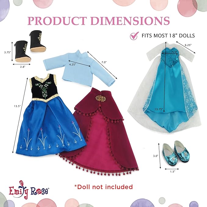 Emily Rose 18 Inch Doll Princess Costume Set 6-PC | 2 Complete Fairytale Outfits with Shoes - Compatible with American Girl, Our Generation, My Life As, and Adora Dolls | USA Brand