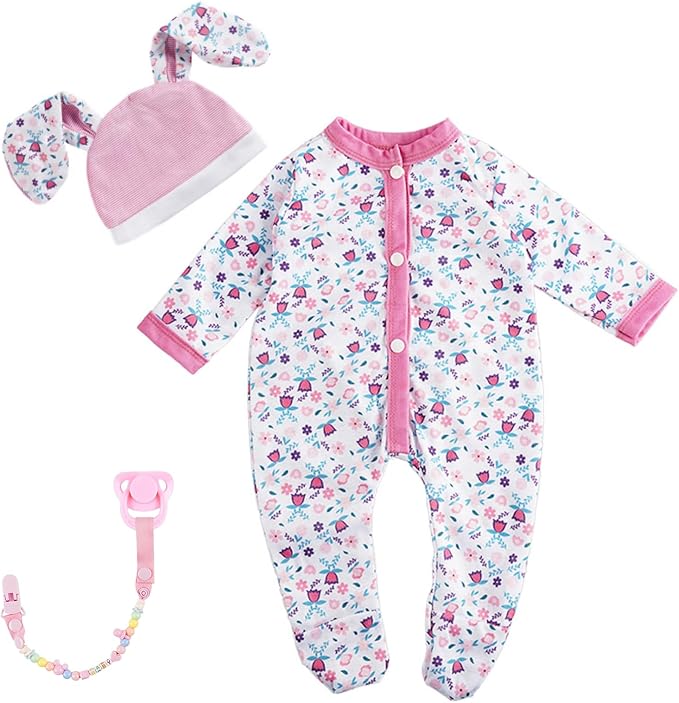 BABESIDE 4 Pcs Reborn Baby Doll Accessories and Clothes for 17-20 Inch Baby Dolls, Pink Floral Doll's Clothes Set with Hat, Pacifier and Chain for Dolls Girls Boys (Doll not Included)