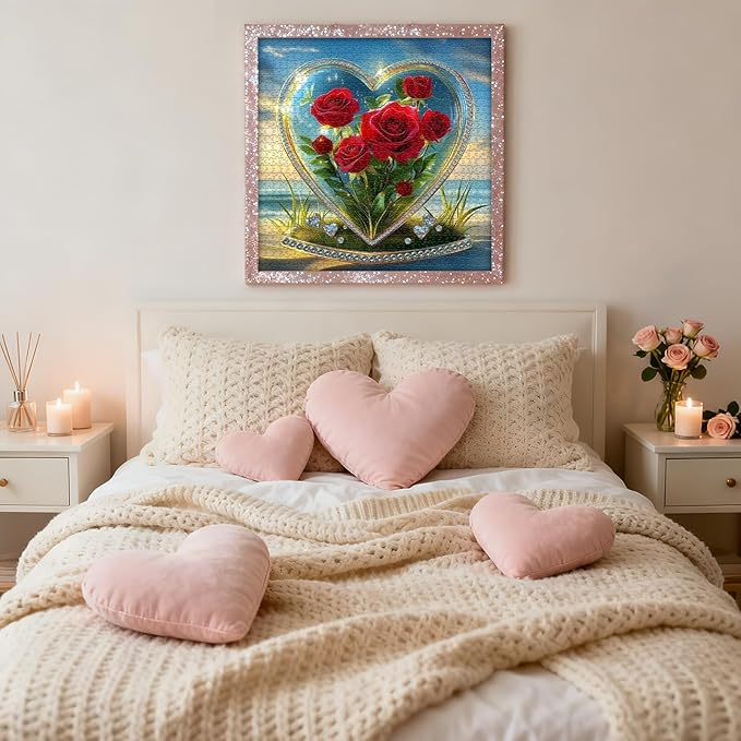 Heart Puzzles for Adults 1000 Pieces, Rose Flower Crystal Beach Romantic Valentine's Day Puzzle, Floral Love Puzzle Ocean Challenge Jigsaw Puzzle