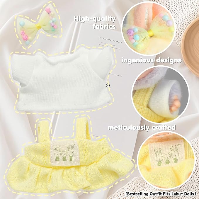 Doll Clothing for Labubu, Premium Outfits for Labubu Dressing up, Doll Accessories for Labubu with Shirt, Dress, Bow(Yellow)