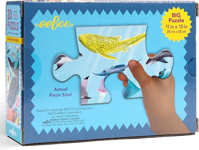eeBoo 20 Piece Jigsaw Puzzle - Sharks & Friends Children's Puzzle Ocean Themed, Large Pieces for Small Hands to Develop Motor Skills
