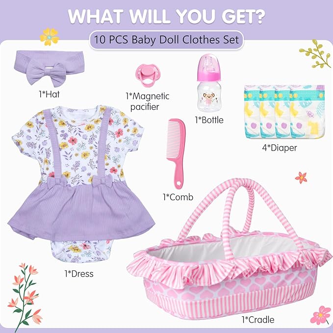 10 Pcs Reborn Baby Doll Clothes with Bassinet for 17-22 Inch Reborn Dolls, Baby Girl Doll Outfits Floral Dress Newborn Baby Doll Accessories Set - Feeding and Caring Set with Bottle Magnetic Pacifier