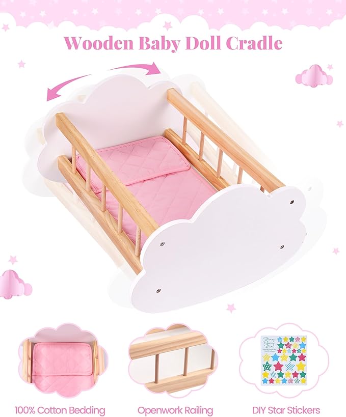 BABESIDE Wooden Baby Dolls Bed for 12-16 Inches Doll, Rocking Babys Doll Crib, Sleep Bed, Baby Dolls Accessories Furniture fit Dolls Boys Girls
