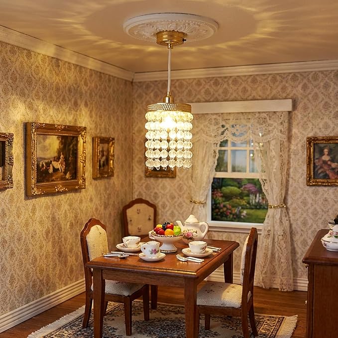 TOYANDONA Dollhouse Chandelier - 1/12 Scale Hanging Beaded Chandelier Doll House Ceiling Lights Lamp Miniature Dollhouse Lights Led Battery Operated for Doll House Decoration Accessories