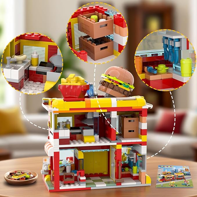 HOGOKIDS City Burger Truck House Building Toy - 2 in 1 Burger Van and Restaurant Building Blocks Set Mobile Ice Cream Food Cart Tables Restaurant Playset Valentines Gift for Kids Boys Girls 6+(826PCS)