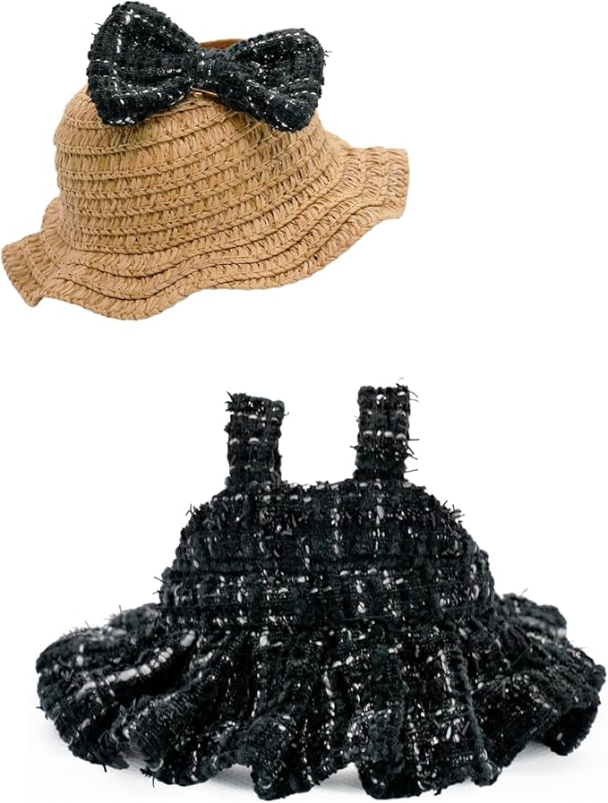 Doll Clothes for 17cm Dolls, Premium Handmade Fashion Clothes 3 Piece Set Including a Weaving Hat, Clothes and Bow with High-End Dolls Accessories for Play & Display - Pure Black (No Doll No Logo)