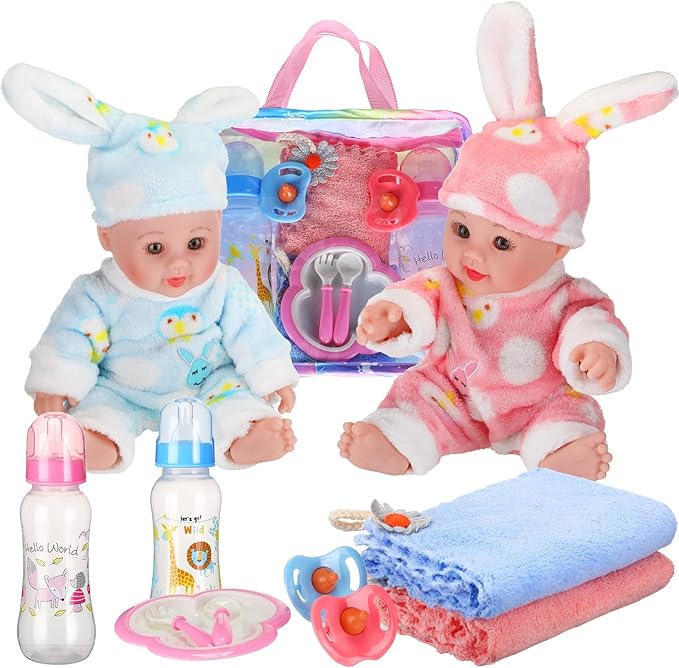 Jerify 10 Pcs Realistic Twin Baby Dolls Toy Set Include 2 Pcs 12 Inch Baby Dolls, Feeding Set, Pacifiers, Doll Diapers, Bags, Milk Bottles Removable Outfit for Toddler Kids 6+ Gift(White)