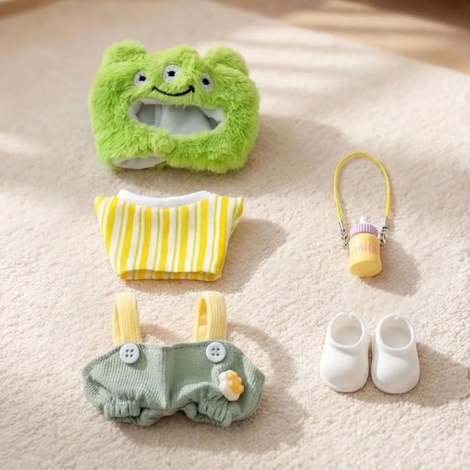 Clothes for Labubu 17cm Doll (NO Doll), 5 Piece Labubu Clothes Set, Cute Labubu Outfits with Accessories, Handmade Crochet La Bubu Doll Dress Up Set（Keroppi）