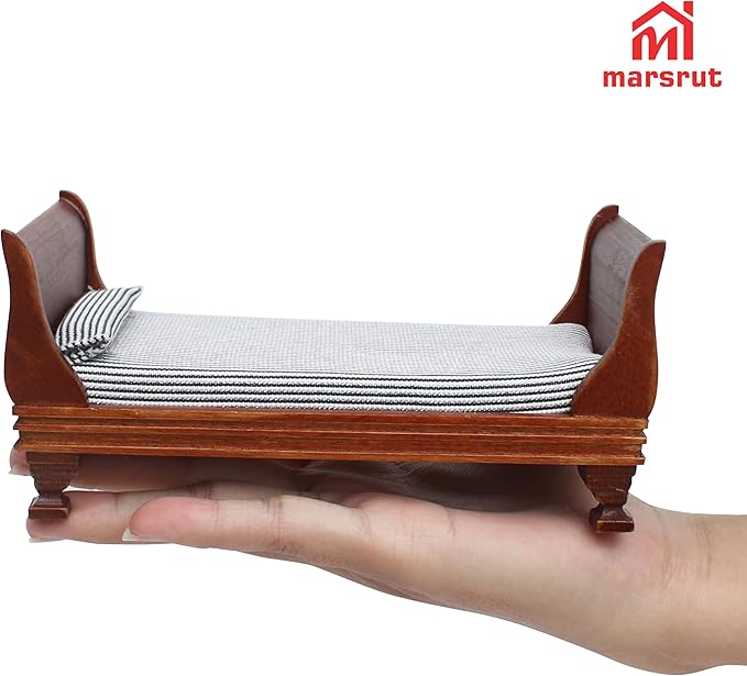 1:12 Scale Doll House Miniature Single Bed with Bedding Fabric & Pillow, Wooden Vintage Victorian European Style Bedroom Furniture Decor Christmas Accessories, Mini Sleigh Bed for 6 Inch Dolls