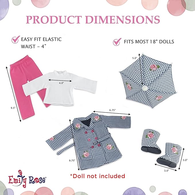 Emily Rose 18-inch Doll Raincoat Set 5-PC - Complete Rainy Day Outfit with Working Umbrella & Boots | American Girl Compatible | USA Brand