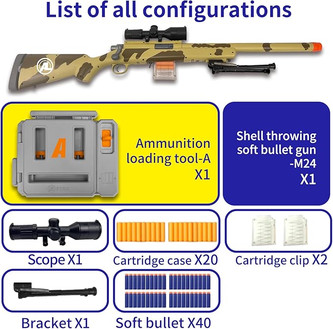 AGM MASTECH M24 Foam Blaster, Shell Ejecting, Safety Switch, Adjustable Stock 41.8 Inch, Fast Dart Loader, Scope, 40 Darts, 20 Casings, 2 Mags, Tactical Gear for Teens 14+ Adults(Yellow)