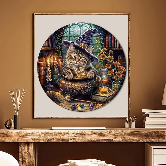 1000 Piece Puzzle for Adult, Magic Feline Art Jigsaw Puzzle 1000 Pieces, Impossible Challenging Fun Puzzle for Adult, Round 26.6 x 26.6 Inch Unique Difficulty Puzzle for Birthday Gift