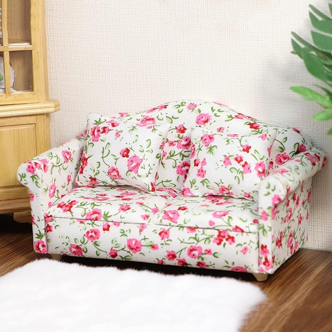 Dollhouse Couch Miniature Sofa with Pillows Dollhouse Living Room Funiture 1:12 Scale Model 3 Pcs High Simulation Upholstered Wooden Fabric Armchair Mini Room Artificial House Scene Decoration (Rose)