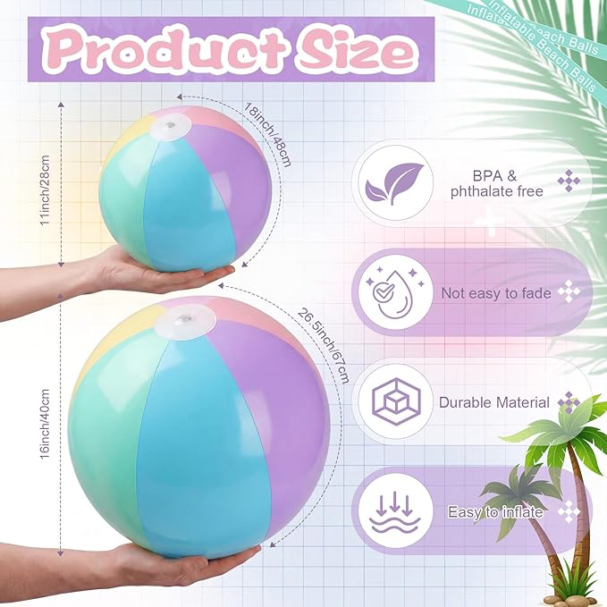 5 Pcs Inflatable Beach Balls 24 & 16 Inch Pastel PVC Large Beach Balls Bulk Blow up Pool Water Game Toy for Kid Adult Birthday Luau Summer Pool Party Favors Decorations(Macarons)
