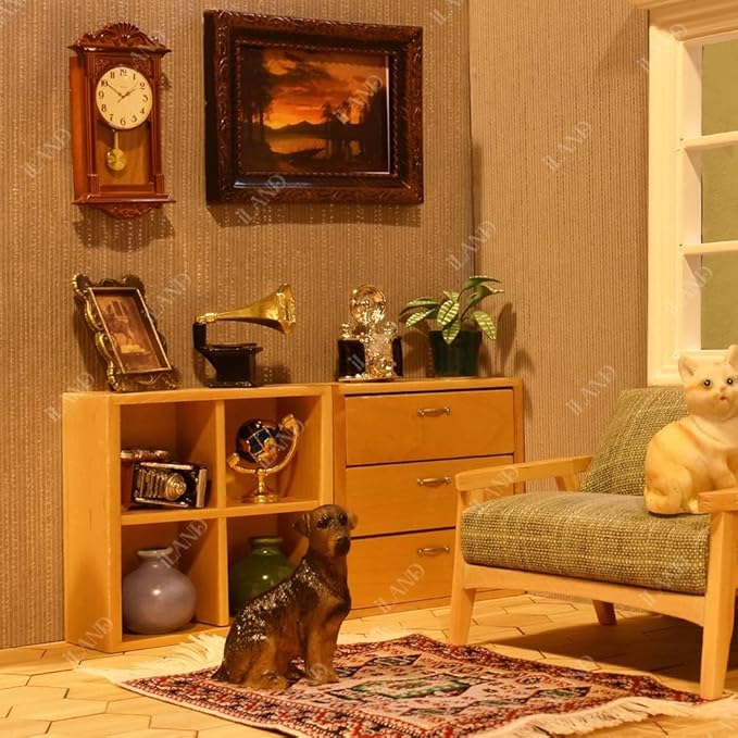iLAND Miniature Dollhouse Accessories on 1:12 Scale, Grandfather Wall Clock and Record Player, elf Accessories