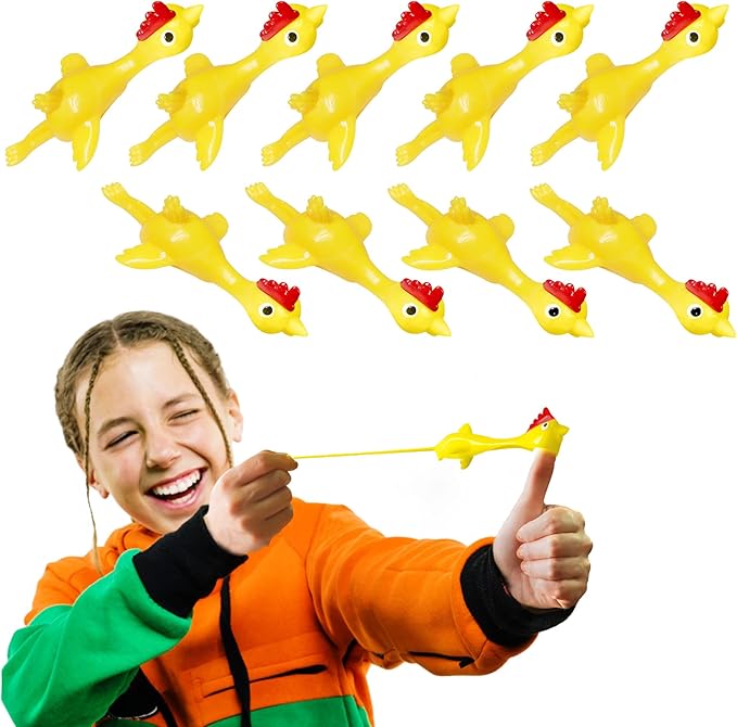 Novelty Place 10 Pcs Slingshot Chicken Flying Finger Toys - Stretchy Rubber Flick Chicks Shooting Game for Kids - Stress Relieve Fidget Toy, Party Favors & Easter Gift
