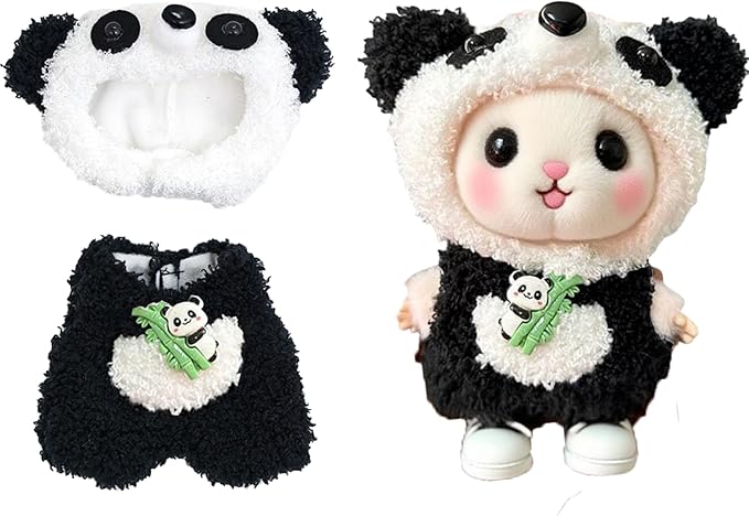 Cute Panda Doll Clothes for 17cm Plush Pendants - Fluffy Black & White 2-Piece Outfit with Bamboo Panda Pin, Animal Costume Compatible with Vinyl Face Art Toys (No Doll)