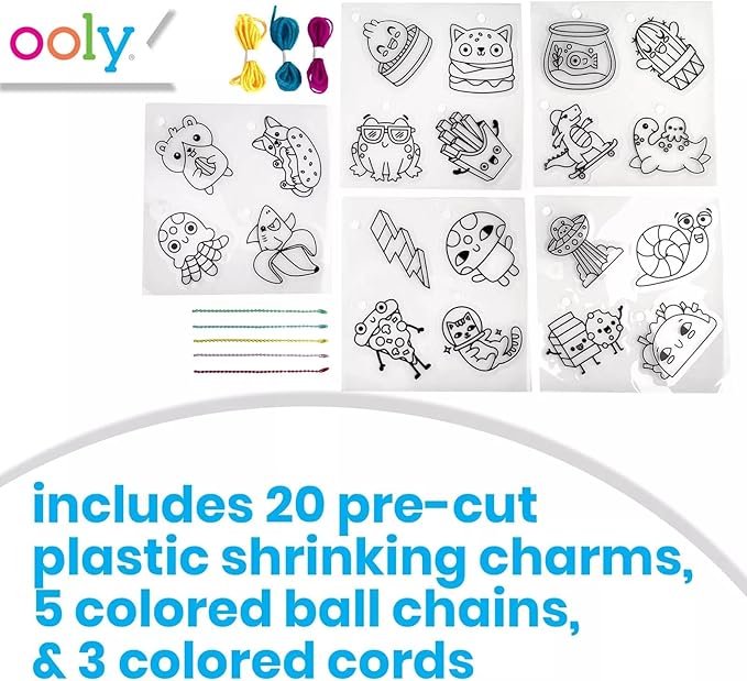 Ooly 28 PC DIY Shrinking Art Kit for Kids, 20 Plastic Pre Cut Charms and More, No Mess Creative Activity Jewelry Making Kit - Fun Friends