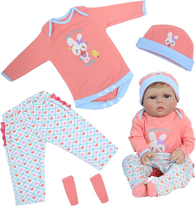 SCOM Reborn Baby Doll Clothes - 20 & 22 & 24 Inch 4 Pcs Doll Outfit Pink, Realistic Baby Bunny Clothing Set, Newborn Dolls Girl Onesies Gift