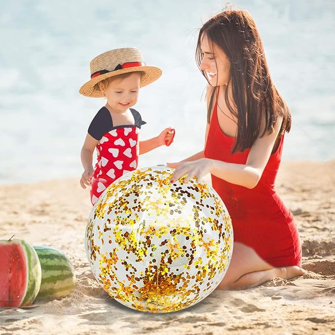 5 Pcs Inflatable Beach Balls, 16 Inch & 24 Inch Large Confetti Glitter Beach Balls, Sequins Clear Blow up Pool Balls Toys for Christmas Party Decorations 2026 New Year Birthday Summer Swimming Pool