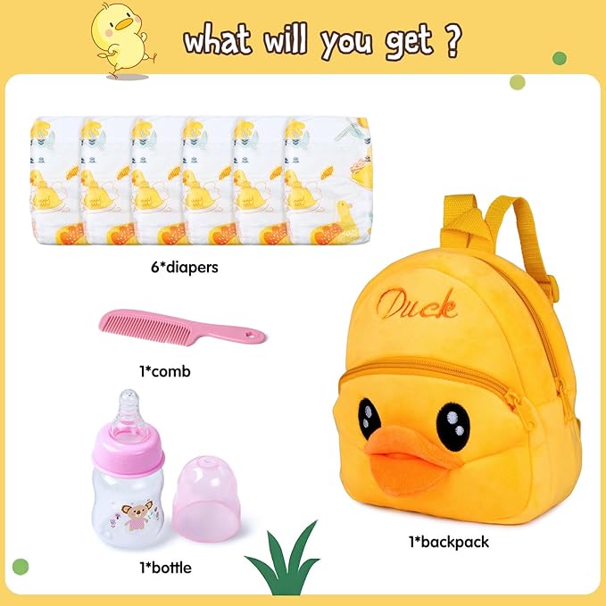 Pedolltree Reborn Baby Doll Diaper Bag Care and Feeding 9 Pcs Set for 17-24 inches Reborn Dolls Accessories Newborn Baby with Yellow Duck Backpack