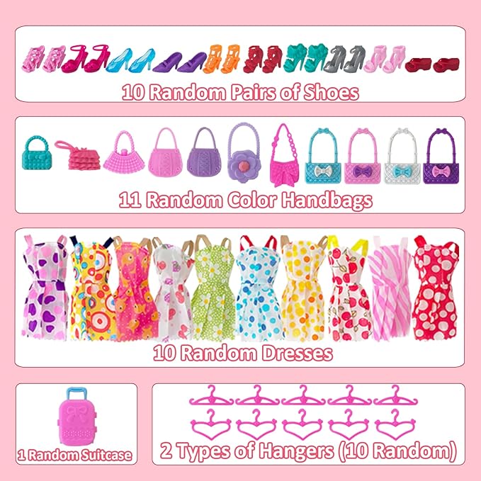 122 Pcs Doll Closet Playset with 11.5 Inch Dolls, Clothes and Accessories, Include Princess Dresses Shoes Bags Hangers Shoe Rack Doll Other Accessories, Dress Up Toys for Girls, Kids, Toddler (Purple)