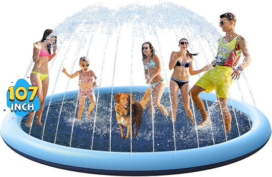 VISTOP Non-Slip Splash Pad for Kids and Dog, Thicken Sprinkler Pool Summer Outdoor Water Toys - Fun Backyard Fountain Play Mat for Baby Girls Boys Children or Pet Dog (107 inch, Blue&Blue)