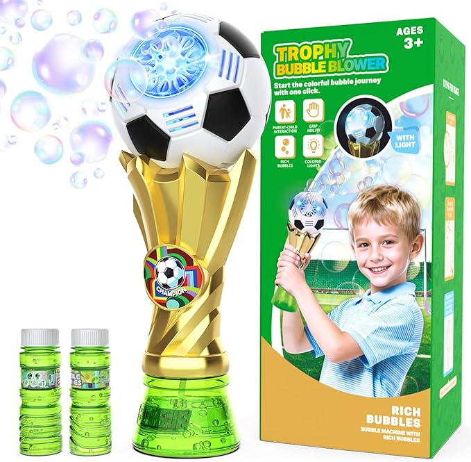 Bubble Wand - Soccer Trophy Bubble Machine with 2 Solution Refill, Automatic Bubble Blower for Kids, Bubbles Maker Blaster Toddler Outdoor Toys, 2026 Merchandise Birthday Gifts for Boys Girls Age 3+