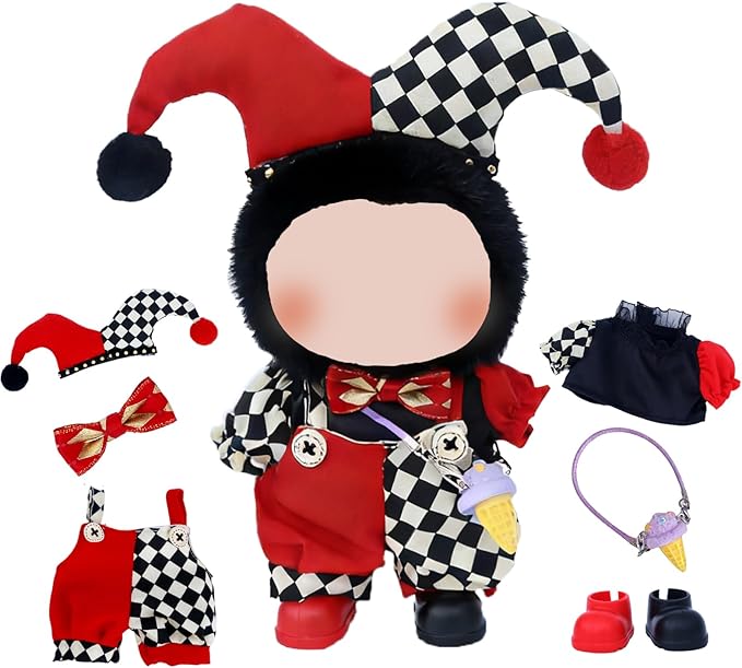 17cm Doll Clothes Sets(No Doll) Dark Clown Outfits Handcrafted Designer Clothing for Circus Carnival Easter Including Clown Suit,Bow Tie,Shoes,Ice-Cream Decoration