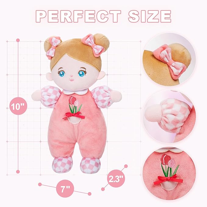 OUOZZZ Soft Baby Doll 10" Tulip Pink - First Birthday Toys for 1 Year Old Girl, Ideal 1 Year Old Girl Gifts & Baby Girl Gifts, Snuggle Buddy for Infants