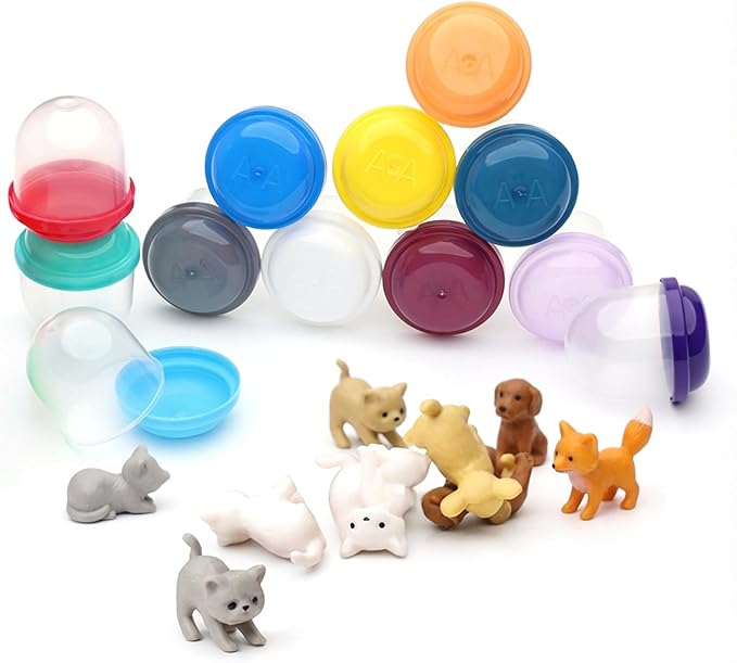 Vending Machine Capsules with Toys - 100 Pcs of 1.1 Inch Tiny Frosty Clear-Colored Acorn Capsules and Cute Dog and Cat Figurines for Kids - Plastic Capsules for Toys Bulk- Easter Basket Stuffers