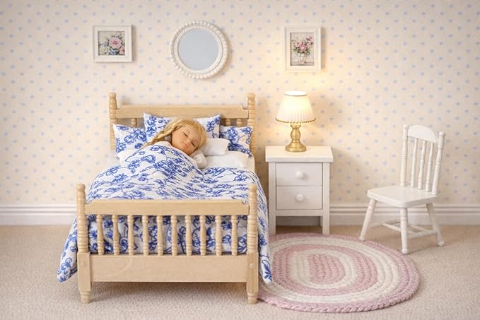 1:12 Scale Dollhouse Bedding Set for 6-Inch Dolls, 5-Piece Comforter, Pillows & Blanket, Realistic Mini Bedroom Accessories, Blue Floral & White Design