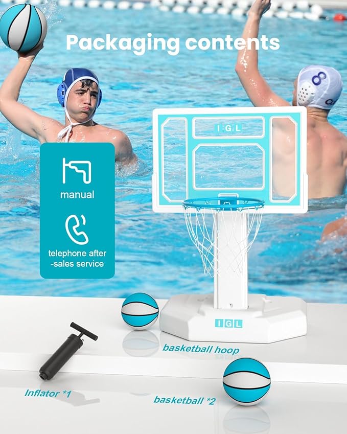 IGL Pool Basketball Hoop Outdoor, Outdoor Poolside Basketball Hoop, Base & Stand Double Water Storage with 2 Ball & Inflator, Stainless Steel Basketball Rim, Fixed Height