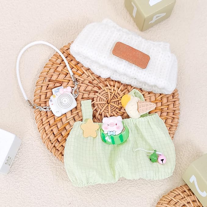Doll Clothes for 17cm Dolls, Soft Knit Hat, Cozy Overalls, Camera, Bottle & Cute Accessories (No Doll) (Green)