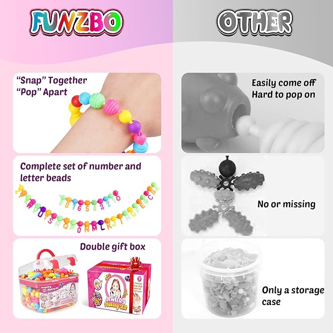 FUNZBO 520+ Snap Pop Beads - Jewelry Making Kit, Arts and Crafts for Kids Ages 4-8, Toys for 3 4 5 6 Years Old Girls Birthday Gifts Ideas, Bracelet Necklace Ring Set for Girls, Easter Basket Stuffers