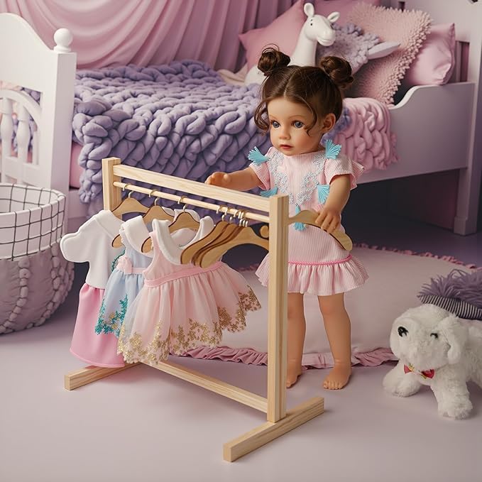 BABESIDE 10 Pcs Doll Garment Rack with Wooden Baby Doll Hangers, Doll Accessories for 18 Inch Doll Girl, 18 InchDoll Girl Clothes Storage Furniture