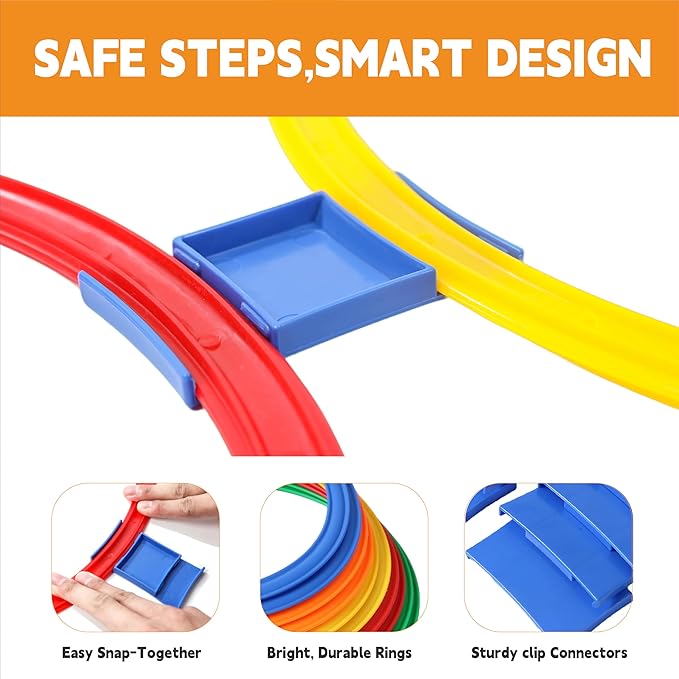 Hopscotch Rings, 1-Set – 10 Round Hoops (11-inch) + 15 Connectors, Agility Rings for Kids, Builds Gross Motor Skills, Preschool & Kindergarten PE, Indoor/Outdoor Playground Obstacle Course
