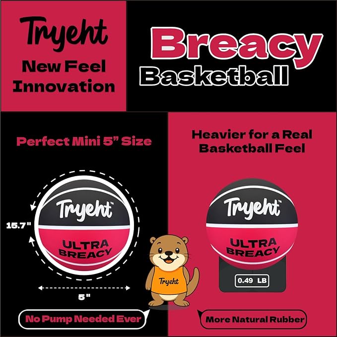 Mini Basketball, 5-Inch Self-Inflating Rubber Ball – No Pump Needed, High-Bounce Breacy Ball for Indoor Mini Hoop & Outdoor Play
