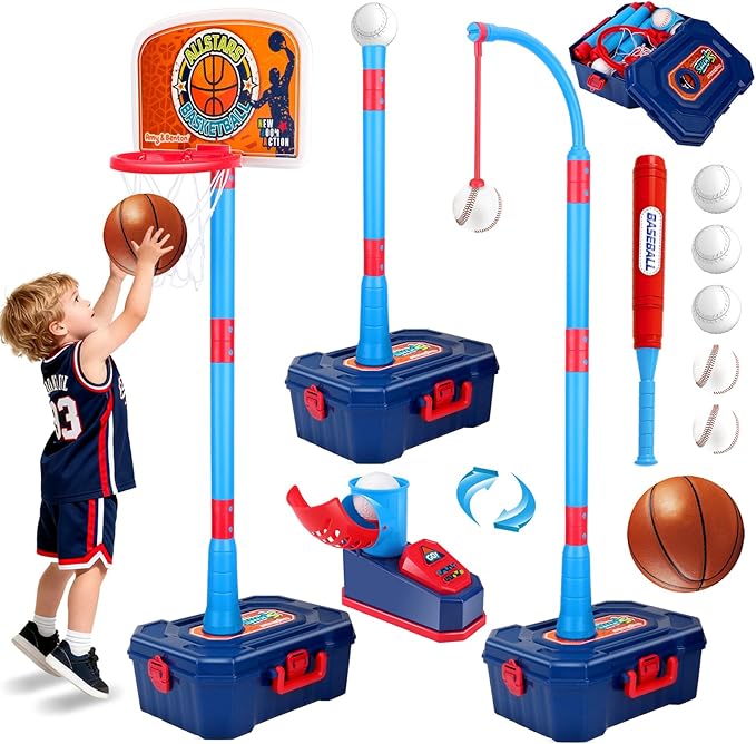 4 in 1 Kids Basketball Hoop and Tball Set for Toddlers 3+, Adjustable Basketball Stand, Hanging Tee Baseball Toy Set, Portable Indoor Outdoor Sports Toys, Birthday for Boys Ages 3-8