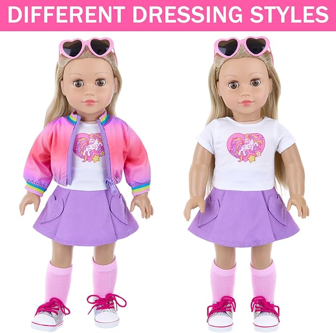 American 18 Inch Doll Clothes and Makeup Accessories Set - Dolls Makeup and Outfit Playsets Bundle with Rainbow Backpack and Fashion Essentials (Doll NOT Included)