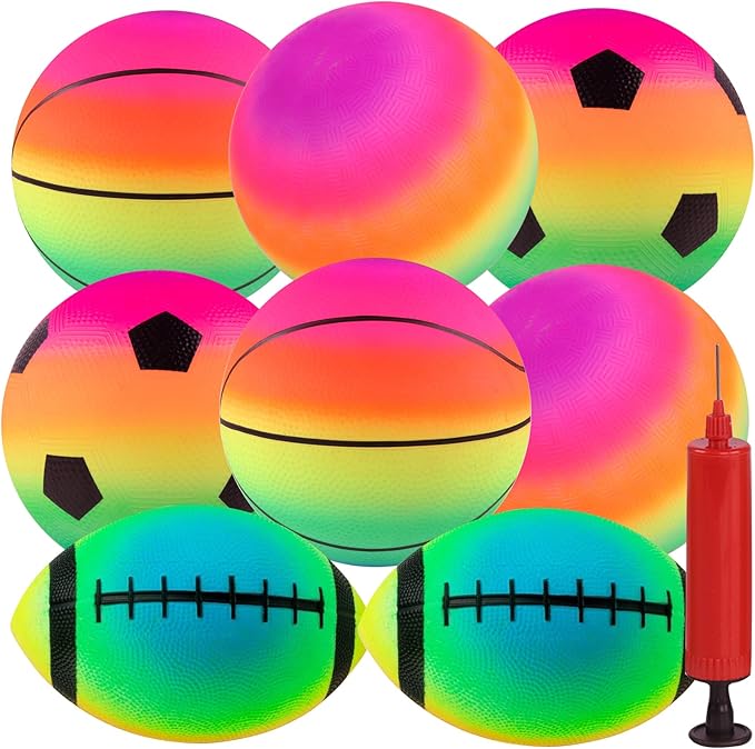 Rainbow Sports Balls, 8 Pack 8.5" Bounce Neon Playground Balls Soccer Basketball Football Sports Rubber Kick Balls for Indoor Outdoor Activities Birthday Gift