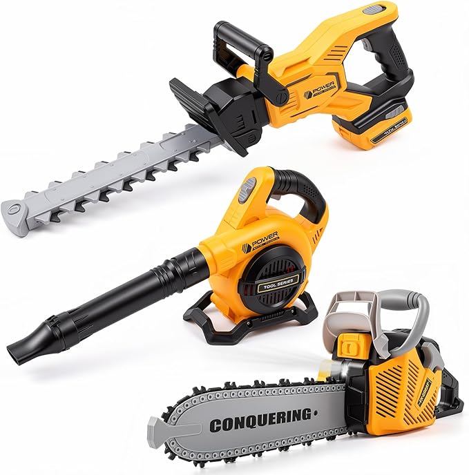 3 Pcs Toy Gardening Tool Set for Kids Toy Leaf Blower Chainsaw Hedge Trimmer Play Set with Lights and Sounds Birthday Gifts for Christmas Boys Girls