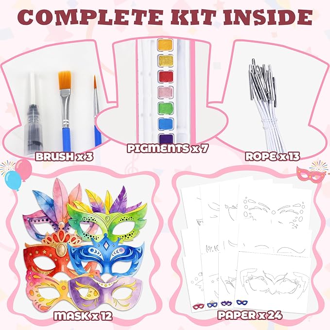 Paint with Water Coloring Books for Kids, 24 Pcs Paper Mache Masks Half Face, Princess Mardi Gras Mask Painting Book, Mess Free Watercolor Painting Kit, Painting Activity for Kids Gifts Ages 3-5 4-8 for Birthday Party Halloween Christmas