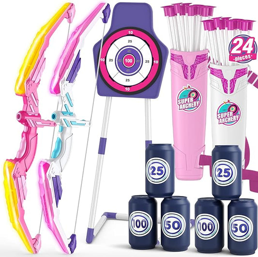 2 Pack Bow and Arrow for Kids 4-6, LED Light Up Archery Set with 24 Suction Cup Arrows, 1 Standing Target, 6 Score Targets & 2 Quiver, Indoor Outdoor Sport for Girls Ages 8-12