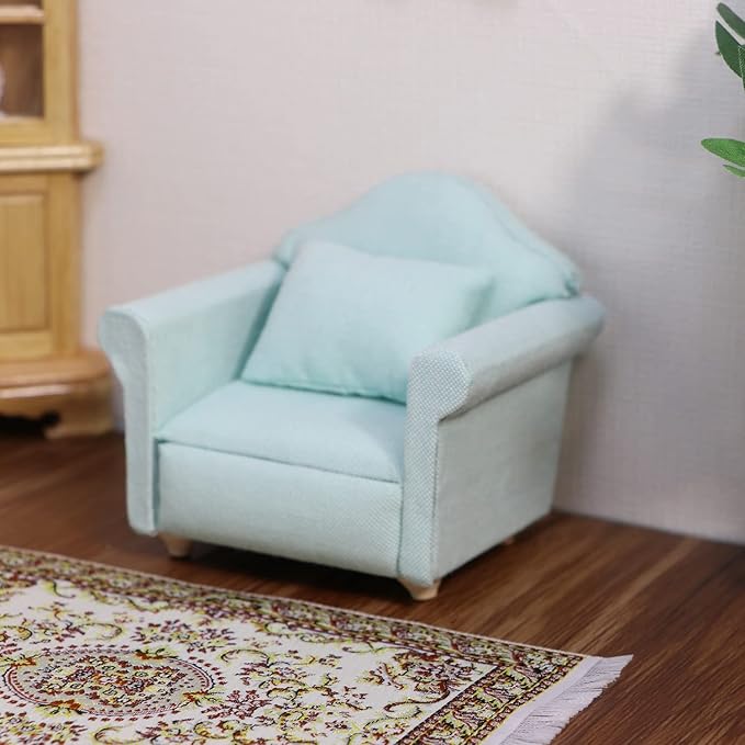 Dollhouse Couch with Pillow 1 12 Scale Miniature Sofa Arm Chair Living Room Furniture Wooden Fabric Frame Single Reading Chair Artificial House Room Scene Decoration (Green)
