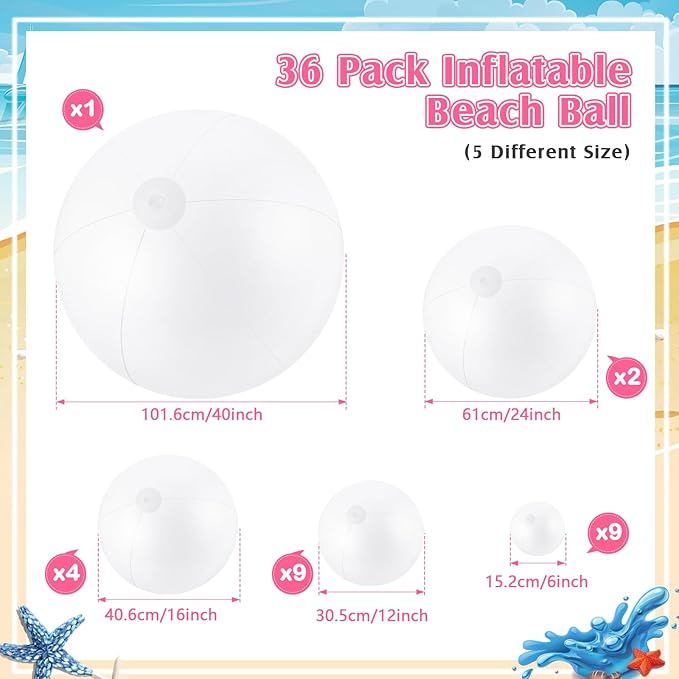 Realspring 36 Pcs Inflatable Beach Balls Bulk 6" 12" 16" 24" 40" Multiple Sizes PVC Summer Swimming Pool Ball for Adults Outdoor Beach Hawaii Water Games Party Decorations