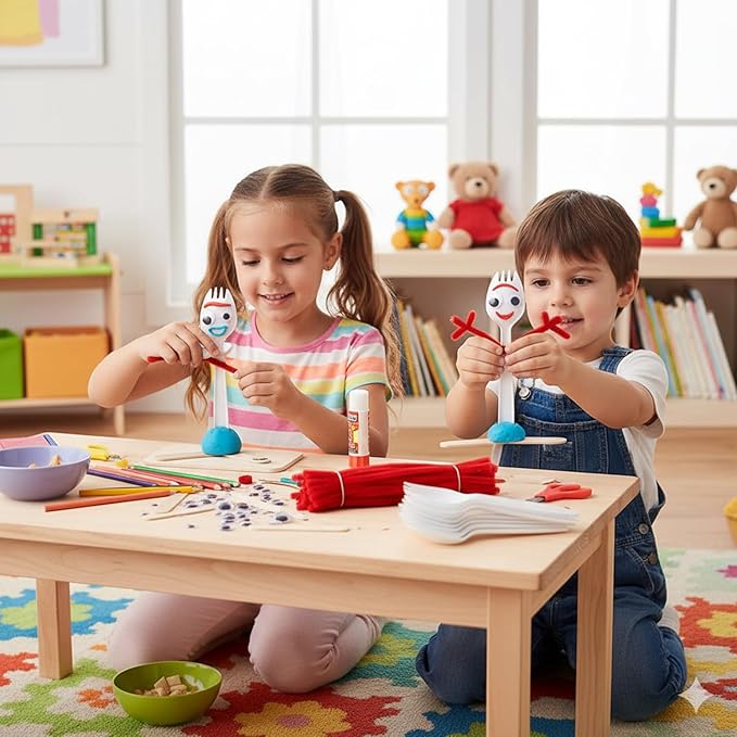 100 Set Fork Creativity Set, Plastic Sporks Red Pipe Cleaners Clever Eyes Popsicle Stick,Make Your own Forky