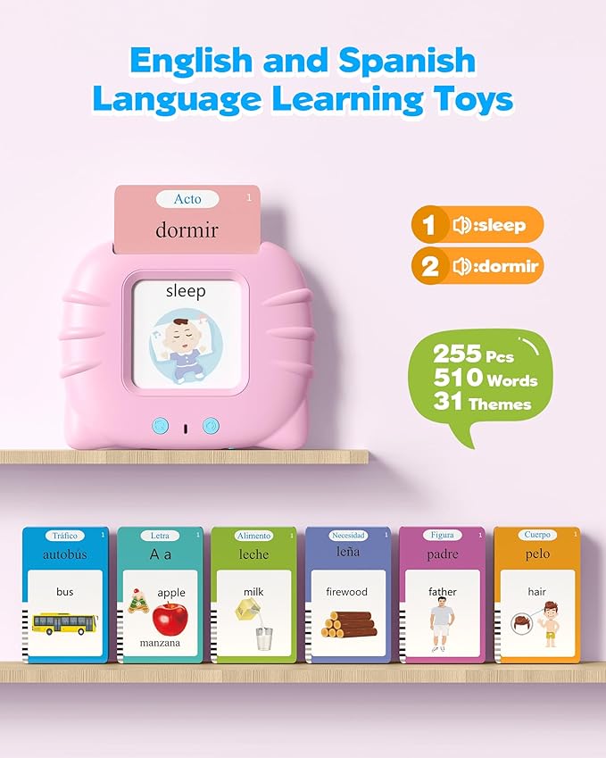 Airbition Bilingual Pink Spanish and English Talking Flash Cards, Pocket Speech Therapy Tools with 510 Words, Montessori Language Learning Aids, Children's Sensory Learning Kits